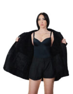 Reversible black eco sheepskin coat 52 button closure clip on fur side and leather side zip pockets and mug - Image 6