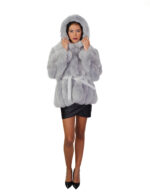 V-worked fox fur jacket 50 light gray groellandia hood outer belt leather - Image 4