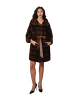 Cappotto pelliccia lunga scampanato 96 cm cappuccio scanbrown marrone pelliccia 56 visone orizzontale cintura in pelle interna - immagine 4