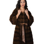 Long flared fur coat 96 cm hood scanbrown brown fur 56 mink horizontal internal leather belt