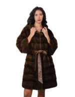 Cappotto pelliccia lunga scampanato 96 cm cappuccio scanbrown marrone pelliccia 56 visone orizzontale cintura in pelle interna