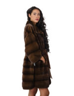 Cappotto pelliccia lunga scampanato 96 cm cappuccio scanbrown marrone pelliccia 56 visone orizzontale cintura in pelle interna - immagine 2
