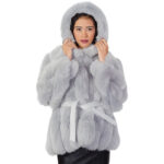 V-worked fox fur jacket 48 light gray groellandia hood outer belt leather