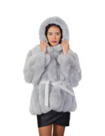V-worked fox fur jacket 50 light gray groellandia hood outer belt leather