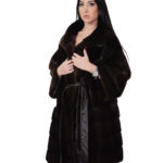 Cappotto pelliccia lunga scampanato 96 cm cappuccio mogano marrone pelliccia 54 visone orizzontale cintura in pelle interna