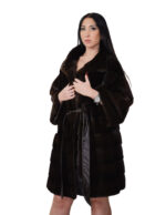 Cappotto pelliccia lunga scampanato 96 cm cappuccio mogano marrone pelliccia 54 visone orizzontale cintura in pelle interna