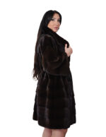 Cappotto pelliccia lunga scampanato 96 cm cappuccio mogano marrone pelliccia 54 visone orizzontale cintura in pelle interna - immagine 2