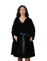 Cappotto pelliccia lunga scampanato 96 cm cappuccio nero black pelliccia 56 visone orizzontale cintura in pelle interna