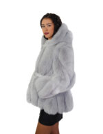 V-worked fox fur jacket 50 light gray groellandia hood outer belt leather - Image 3