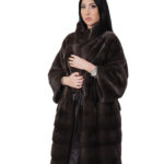 Cappotto pelliccia lunga scampanato 96 cm cappuccio coffee marrone pelliccia 54 visone orizzontale cintura in pelle interna