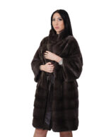 Cappotto pelliccia lunga scampanato 96 cm cappuccio coffee marrone pelliccia 54 visone orizzontale cintura in pelle interna