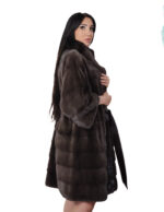 Cappotto pelliccia lunga scampanato 96 cm cappuccio coffee marrone pelliccia 54 visone orizzontale cintura in pelle interna - immagine 2