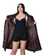 Cappotto pelliccia lunga scampanato 96 cm cappuccio coffee marrone pelliccia 54 visone orizzontale cintura in pelle interna - immagine 6