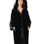 Cappotto pelliccia lunga 104 cm cappuccio black nero pelliccia 56 visone orizzontale coulisse fondo