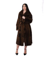 Cappotto pelle intera visone pelliccia 52 scanbrown marrone cintura in pelliccia esterna cappotto lungo 122 centimetri con spacchi - immagine 4