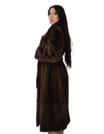 Cappotto pelle intera visone pelliccia 52 scanbrown marrone cintura in pelliccia esterna cappotto lungo 122 centimetri con spacchi - immagine 3