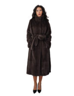 Cappotto pelle intera visone pelliccia 56 coffee marrone cintura in pelliccia esterna cappotto lungo 122 centimetri con spacchi - immagine 4