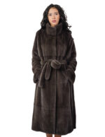 Cappotto pelle intera visone pelliccia 56 coffee marrone cintura in pelliccia esterna cappotto lungo 122 centimetri con spacchi