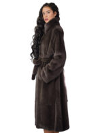 Cappotto pelle intera visone pelliccia 56 coffee marrone cintura in pelliccia esterna cappotto lungo 122 centimetri con spacchi - immagine 3