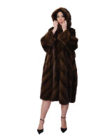 Cappotto pelliccia di visone lungo 112 centimetri 56 scanbrown marrone lavorato orizzontale a V cappuccio - immagine 4