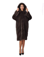 Cappotto pelliccia di visone lungo 112 centimetri 52 coffee marrone lavorato orizzontale a V cappuccio - immagine 4