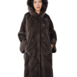 Cappotto pelliccia di visone lungo 112 centimetri 52 coffee marrone lavorato orizzontale a V cappuccio