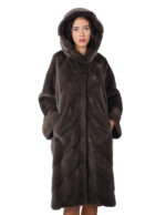 Cappotto pelliccia di visone lungo 112 centimetri 52 coffee marrone lavorato orizzontale a V cappuccio