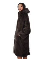 Cappotto pelliccia di visone lungo 112 centimetri 52 coffee marrone lavorato orizzontale a V cappuccio - immagine 2