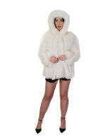 V-worked fox fur jacket 48 optical white groellandia hood outer belt leather - Image 4