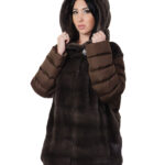 Cappotto piumino e pelliccia visone 54 coffee marrone maniche staccabili con zip cappuccio bottone al collo