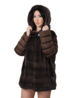 54 coffee brown mink fur and down coat with detachable zipped sleeves and buttoned hood at the neck