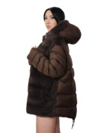 54 coffee brown mink fur and down coat with detachable zipped sleeves and buttoned hood at the neck - Image 2