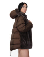 54 coffee brown mink fur and down coat with detachable zipped sleeves and buttoned hood at the neck - Image 3