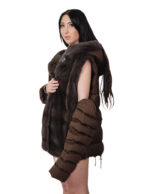 54 coffee brown mink fur and down coat with detachable zipped sleeves and buttoned hood at the neck - Image 7