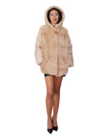 Palomino beige 48 down and mink fur coat with detachable zipped sleeves and buttoned hood at the neck - Image 4