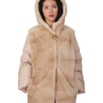 Cappotto piumino e pelliccia visone 48 beige palomino maniche staccabili con zip cappuccio bottone al collo