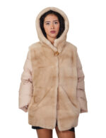 Palomino beige 48 down and mink fur coat with detachable zipped sleeves and buttoned hood at the neck