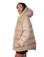Palomino beige 48 down and mink fur coat with detachable zipped sleeves and buttoned hood at the neck - Image 2