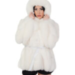 V-worked fox fur jacket 46 optical white groellandia hood outer belt leather