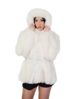 V-worked fox fur jacket 48 optical white groellandia hood outer belt leather