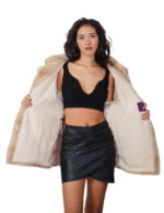 Palomino beige 48 down and mink fur coat with detachable zipped sleeves and buttoned hood at the neck - Image 6