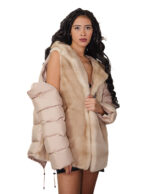 Palomino beige 48 down and mink fur coat with detachable zipped sleeves and buttoned hood at the neck - Image 7