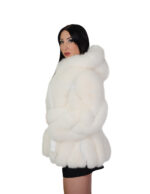 V-worked fox fur jacket 48 optical white groellandia hood outer belt leather - Image 2
