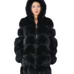 Cappotto manica lunga pelliccia volpe cappuccio 46 nero black lavorazione a V lungo 88 centimetri manica lunga
