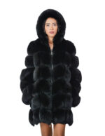 Cappotto manica lunga pelliccia volpe cappuccio 46 nero black lavorazione a V lungo 88 centimetri manica lunga