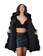 Cappotto manica lunga pelliccia volpe cappuccio 46 nero black lavorazione a V lungo 88 centimetri manica lunga - immagine 6