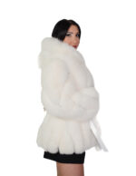 V-worked fox fur jacket 48 optical white groellandia hood outer belt leather - Image 3