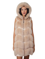 Gilet lungo in pelliccia di volpe argentata beige ecru 46 con cappuccio zip e pelle scamosciata 86 centimetri