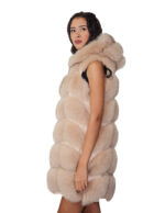 Gilet lungo in pelliccia di volpe argentata beige ecru 46 con cappuccio zip e pelle scamosciata 86 centimetri - immagine 2