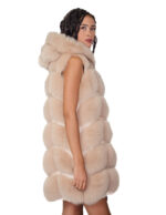 Gilet lungo in pelliccia di volpe argentata beige ecru 46 con cappuccio zip e pelle scamosciata 86 centimetri - immagine 3